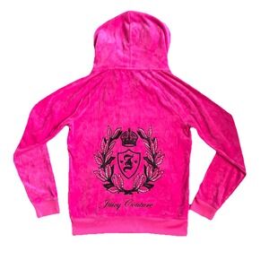 Juicy Couture Velour Vintage Y2K Pink‎ Hoodie Jewel Crest Emblem Dog Couturist M